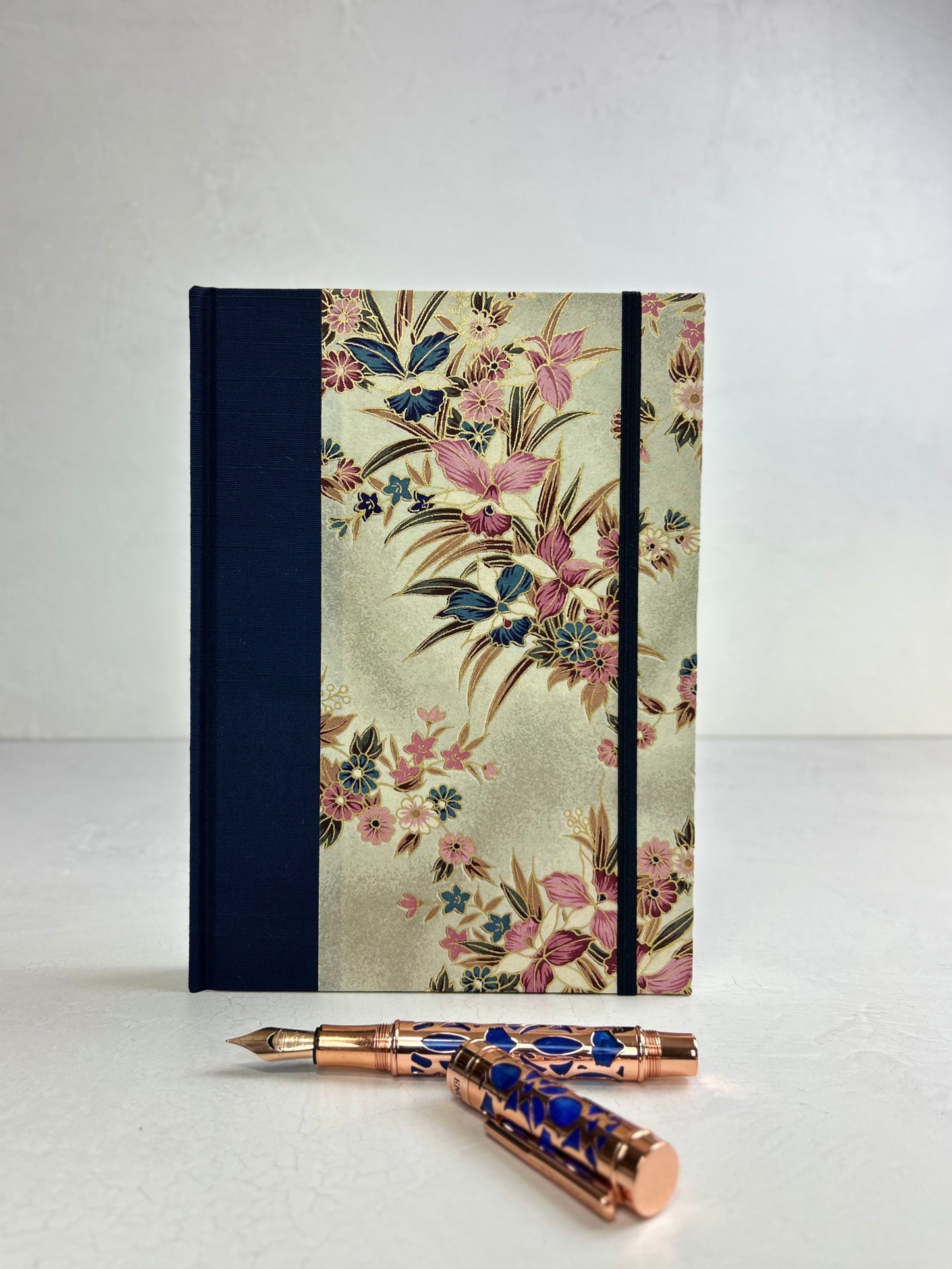 A5 160-page Hardcover Journal finished in Cadet Blue Japanese book cloth and Vintage Orchid Chiyogami Paper
