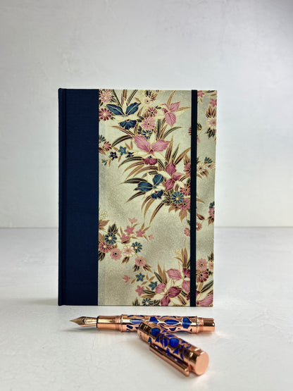 A5 160-page Hardcover Journal finished in Cadet Blue Japanese book cloth and Vintage Orchid Chiyogami Paper