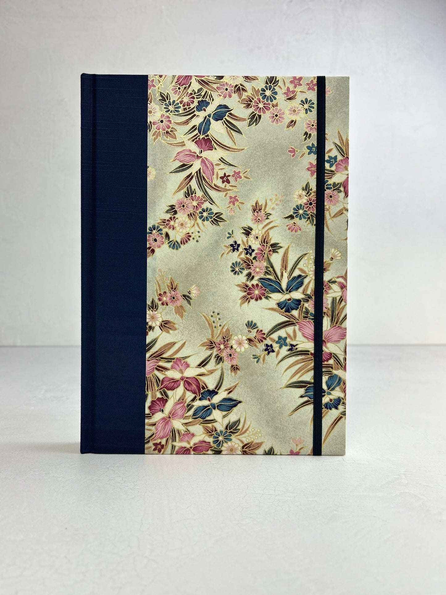 B5 192-page Hardcover Journal finished in Cadet Blue Japanese book cloth and Vintage Orchid Chiyogami Paper