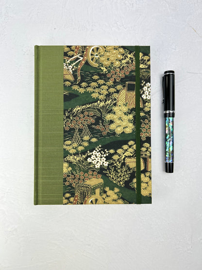 A5 Hardcover Notebook finished in Olive Green Japanese book cloth and Vintage Chiyogami Paper