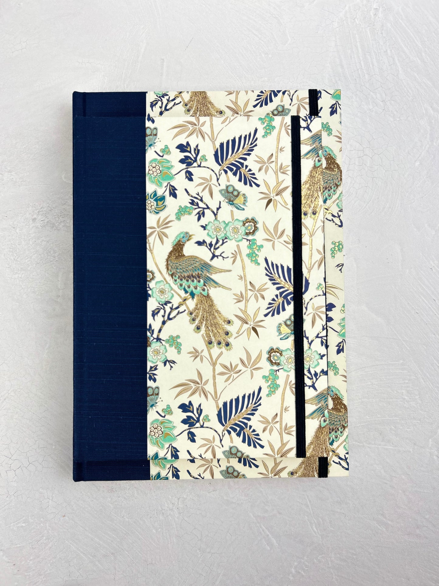 B5 Hardcover Notebook finished in Cadette Blue Japanese book cloth and Gold Peacock Italian Print
