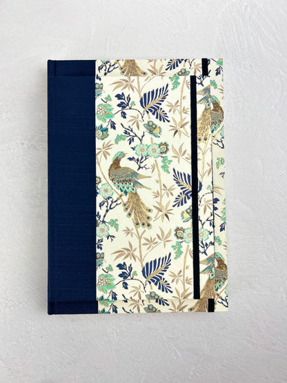 B5 Hardcover Notebook finished in Cadette Blue Japanese book cloth and Gold Peacock Italian Print