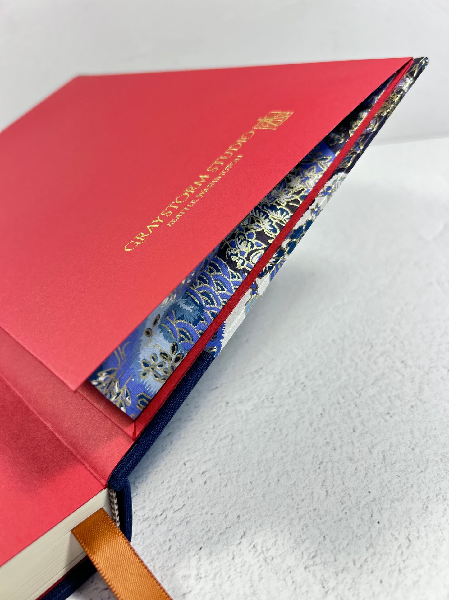 A5 Hardcover Notebook finished in Cadet Blue Japanese book cloth and vintage blue and purple Chiyogami decorative paper
