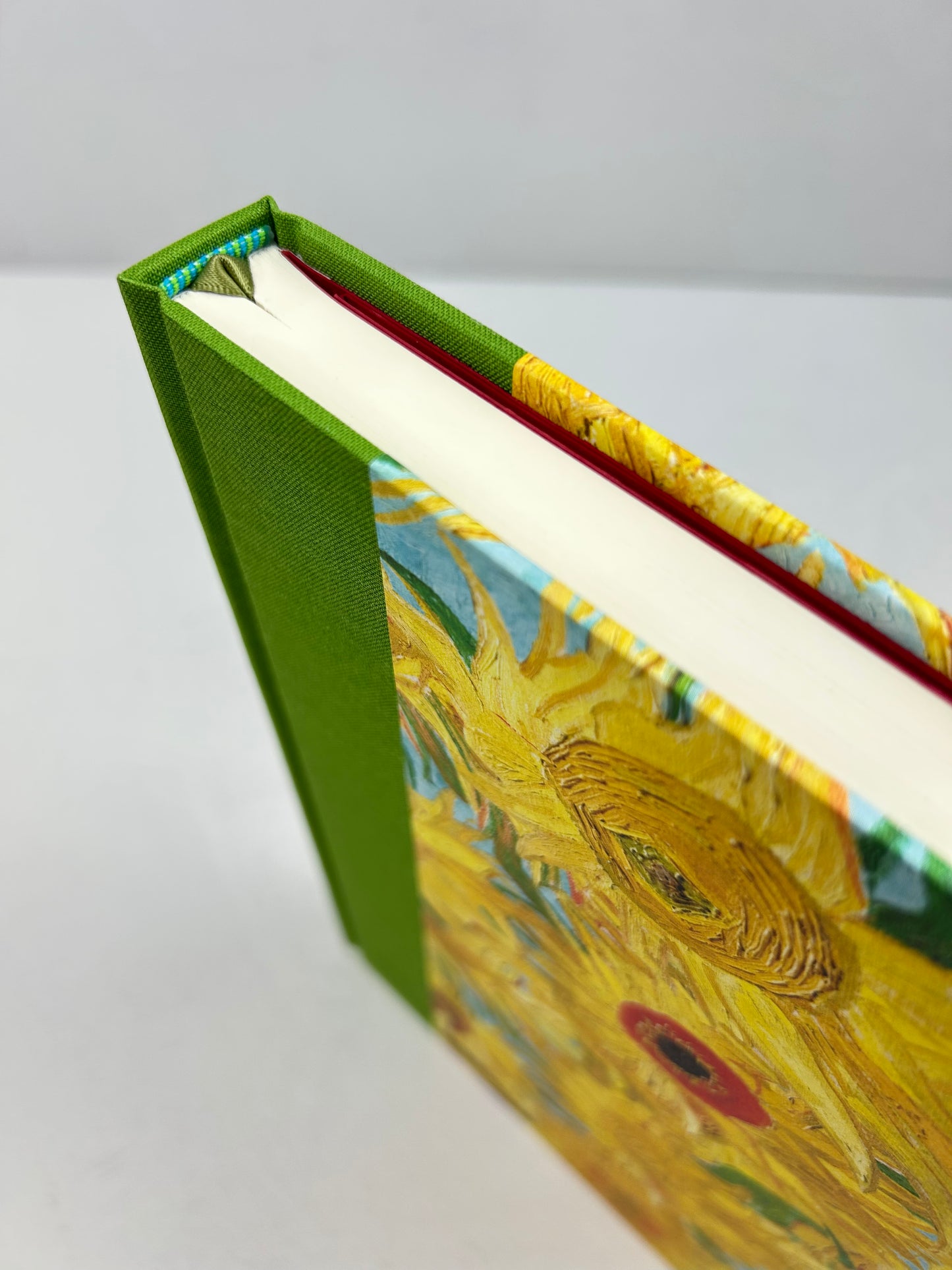 A5 160-page Hardcover Journal finished in Lemon Grass Green Verona book cloth and Sunflowers by Vincent Van Gogh