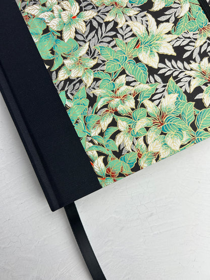 B5 192-page Hardcover Journal finished in black Japanese book cloth with green and silver botanical Chiyogami Paper