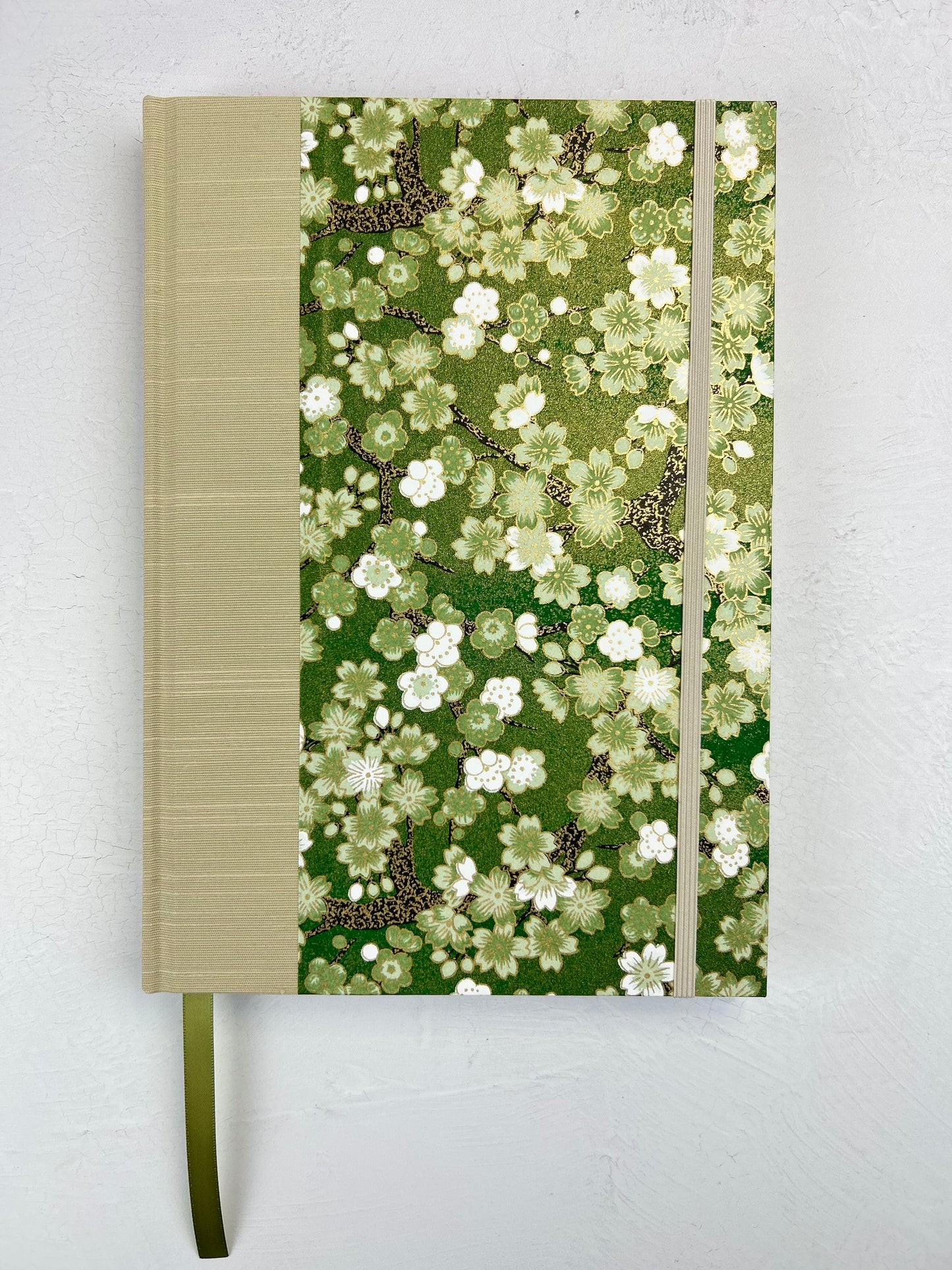 A5 160-page Hardcover Journal finished in Platinum Japanese book cloth and Cherry Blossom Chiyogami Paper