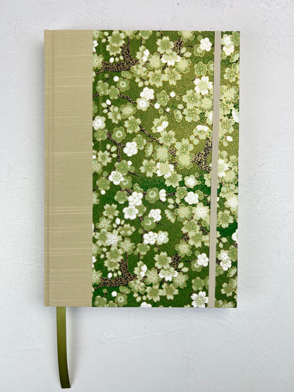 A5 160-page Hardcover Journal finished in Platinum Japanese book cloth and Cherry Blossom Chiyogami Paper