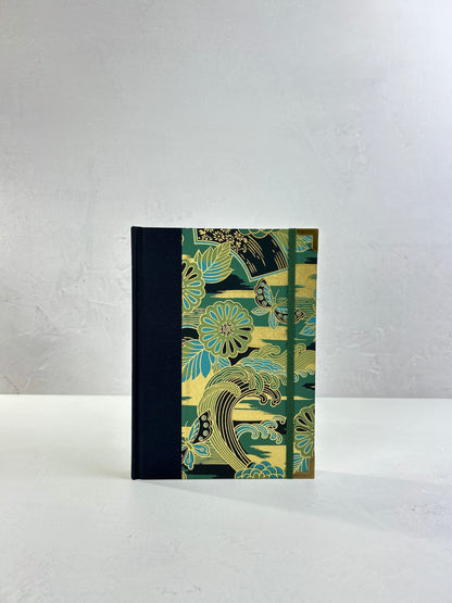 A5 Hardcover Notebook finished in Black Japanese book cloth and bold botanical Chiyogami Paper