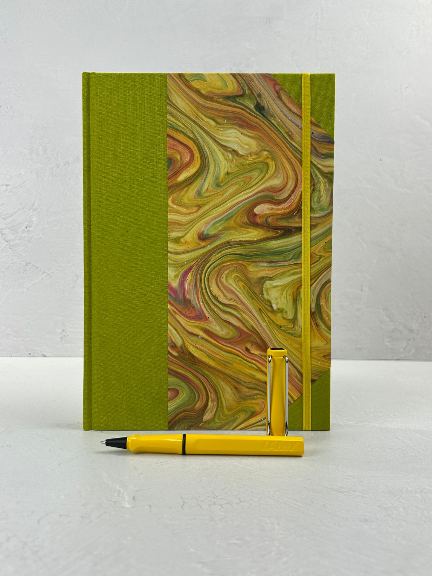 B5 192-page Hardcover Journal finished in Lemon Grass Verona book cloth and yellow/green French Marble Paper
