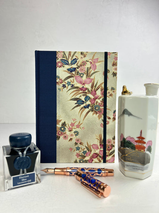 A5 160-page Hardcover Journal finished in Cadet Blue Japanese book cloth and Vintage Orchid Chiyogami Paper