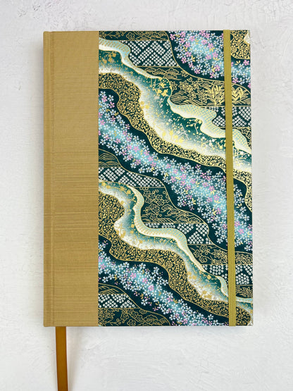 A5 160-page Hardcover Journal finished in Soft Gold Japanese book cloth and Floral Chiyogami Paper