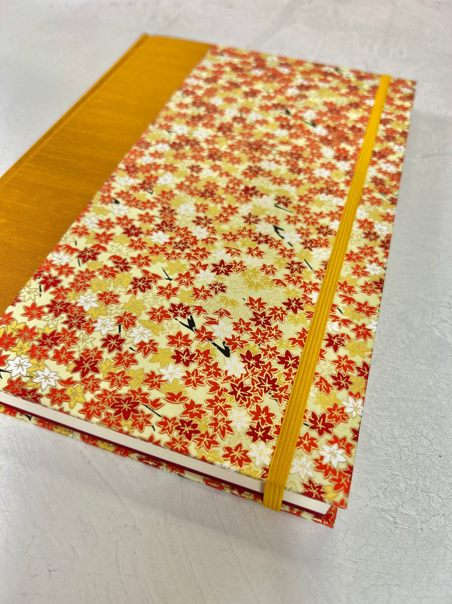 NEW A5 Hardcover Notebook finished in Ochre Japanese book cloth and Fall leaves Chiyogami Paper
