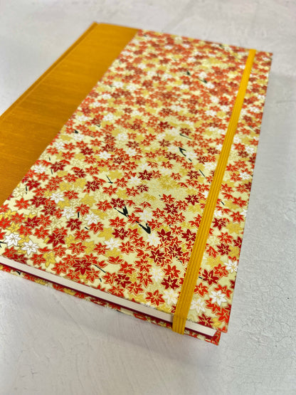 NEW A5 Hardcover Notebook finished in Ochre Japanese book cloth and Fall leaves Chiyogami Paper
