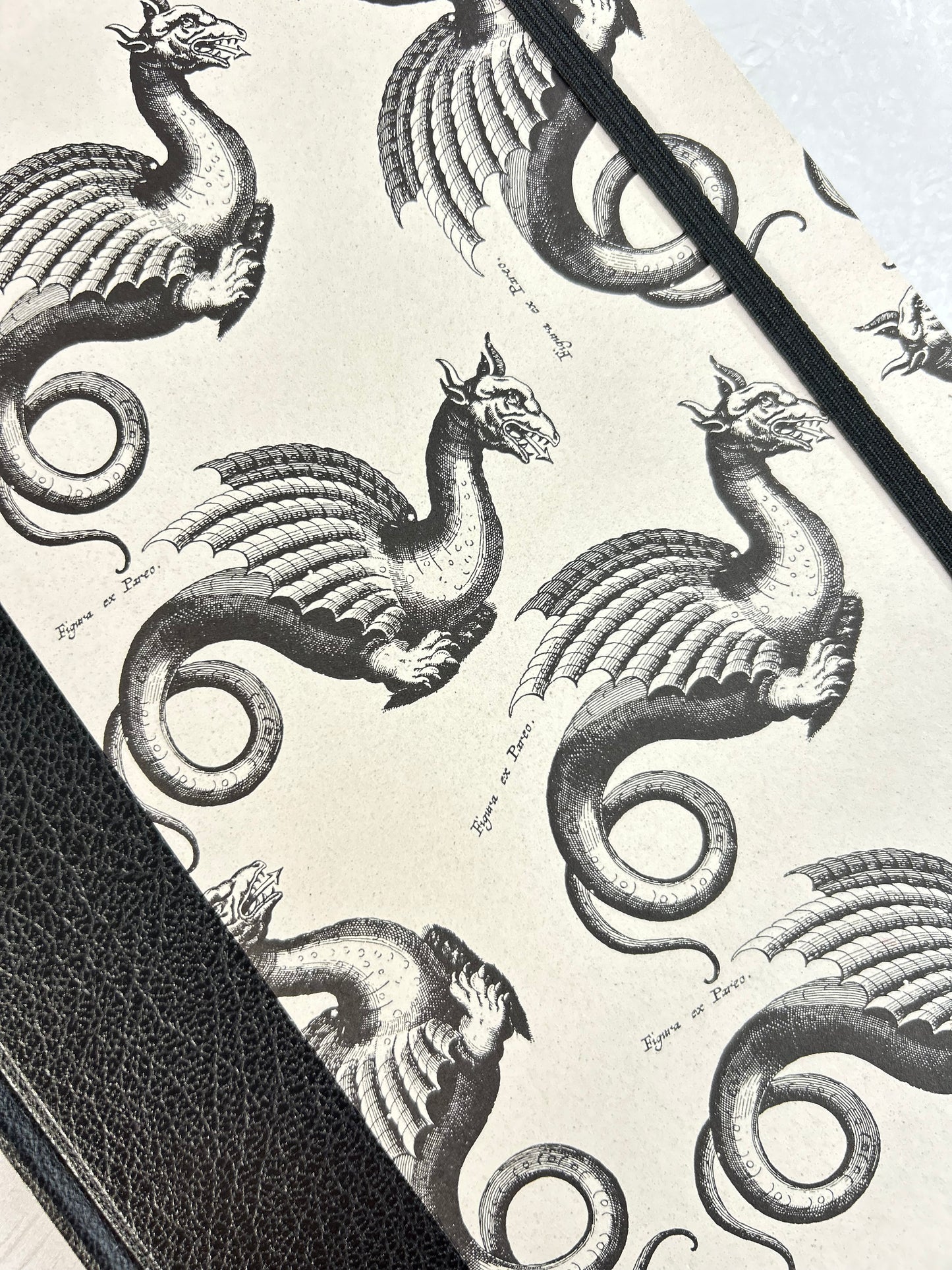 A5 160-page Hardcover Journal finished in Black Vaux Leather and Italian Letterpress dragon design