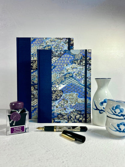 A5 Hardcover Notebook finished in Cadet Blue Japanese book cloth and vintage blue and purple Chiyogami decorative paper