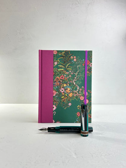 A5 160-page Hardcover Journal finished in in Berry Bloom Verona book cloth and Oasis Print by Phannapast Taychamaythakool