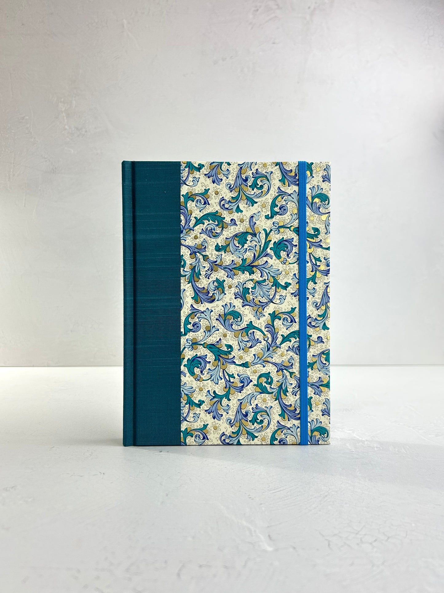 A5 160-page Hardcover Journal finished in Marine Blue Japanese book cloth and blue paisley Florentine Italian print