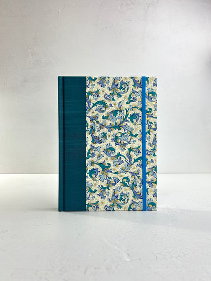 A5 160-page Hardcover Journal finished in Marine Blue Japanese book cloth and blue paisley Florentine Italian print