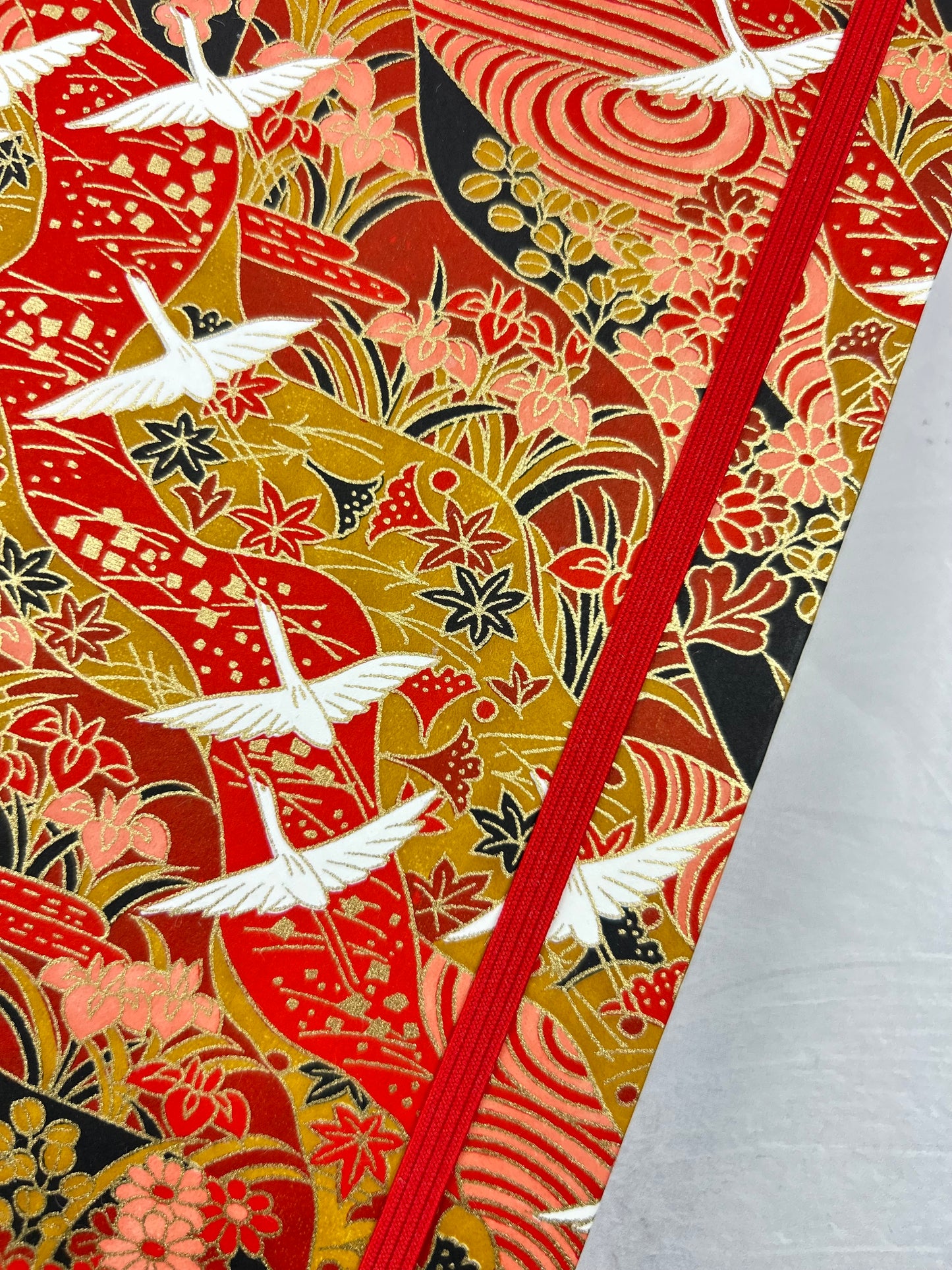 NEW B5 Hardcover Notebook finished in Cardinal Red Japanese book cloth and White Cranes on Red Chiyogami Paper