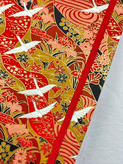 NEW B5 Hardcover Notebook finished in Cardinal Red Japanese book cloth and White Cranes on Red Chiyogami Paper