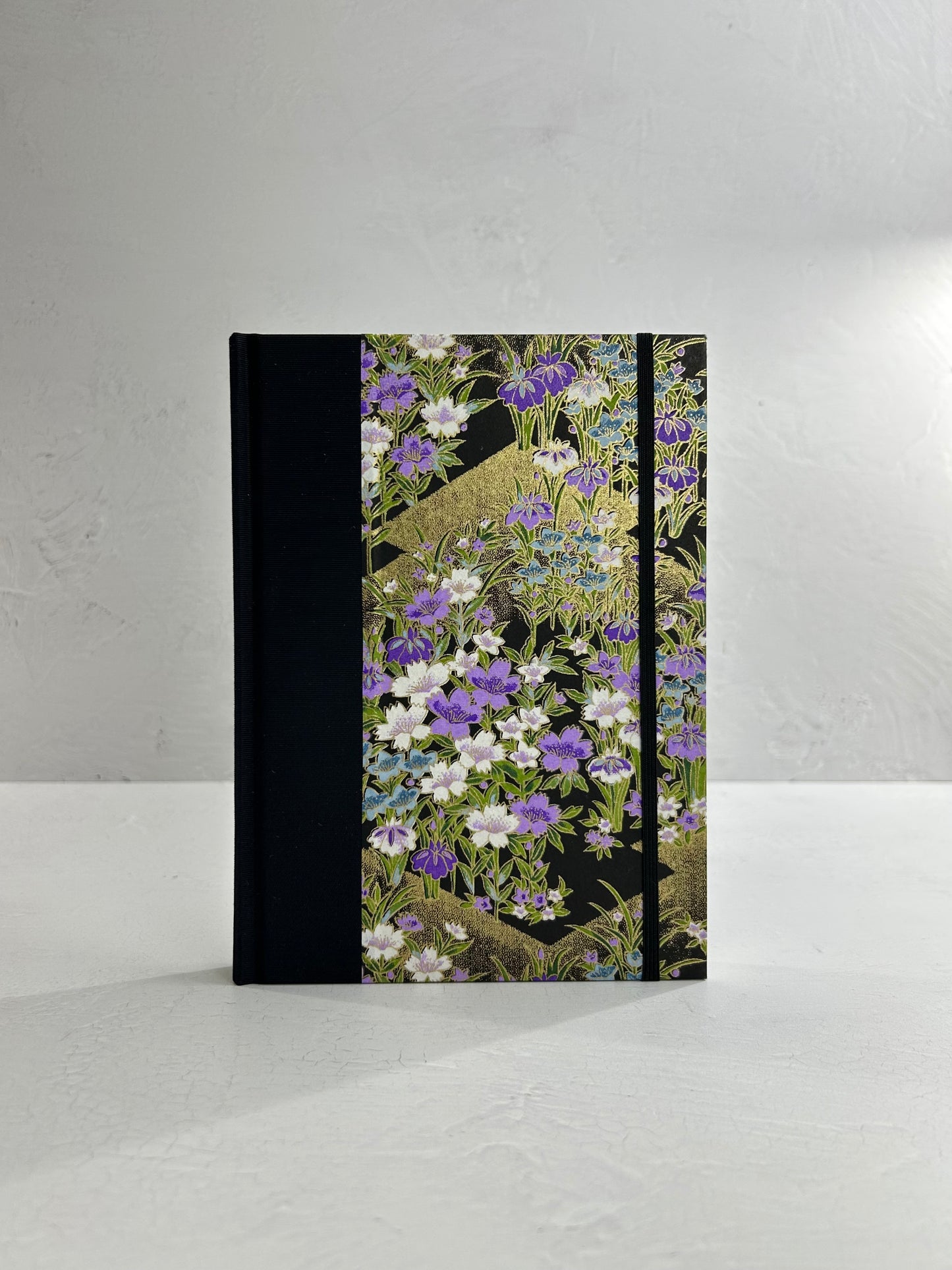 A5 160-page Hardcover Journal finished in black Japanese book cloth and purple wild flower Chiyogami paper
