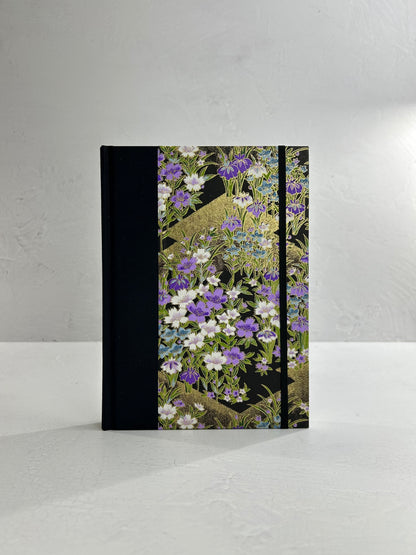 A5 160-page Hardcover Journal finished in black Japanese book cloth and purple wild flower Chiyogami paper