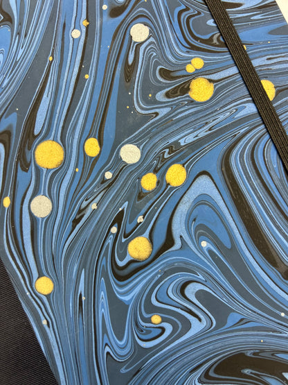 A5 160-page Hardcover Journal finished in Black Japanese book cloth and Renato Crepaldi hand marbled decorative paper