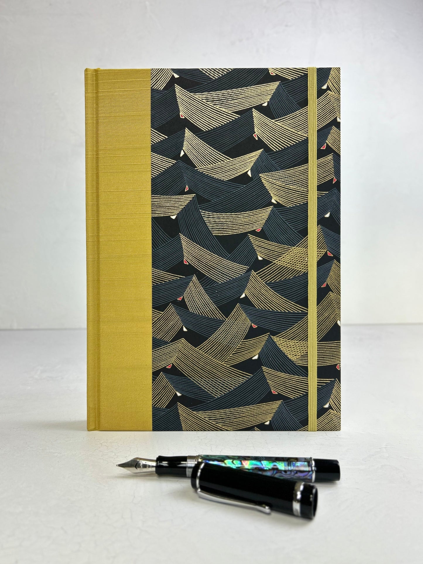 B5 192-page Hardcover Journal finished in Yellow Gold Japanese book cloth and Golden Peaks Chiyogami Decorative Paper