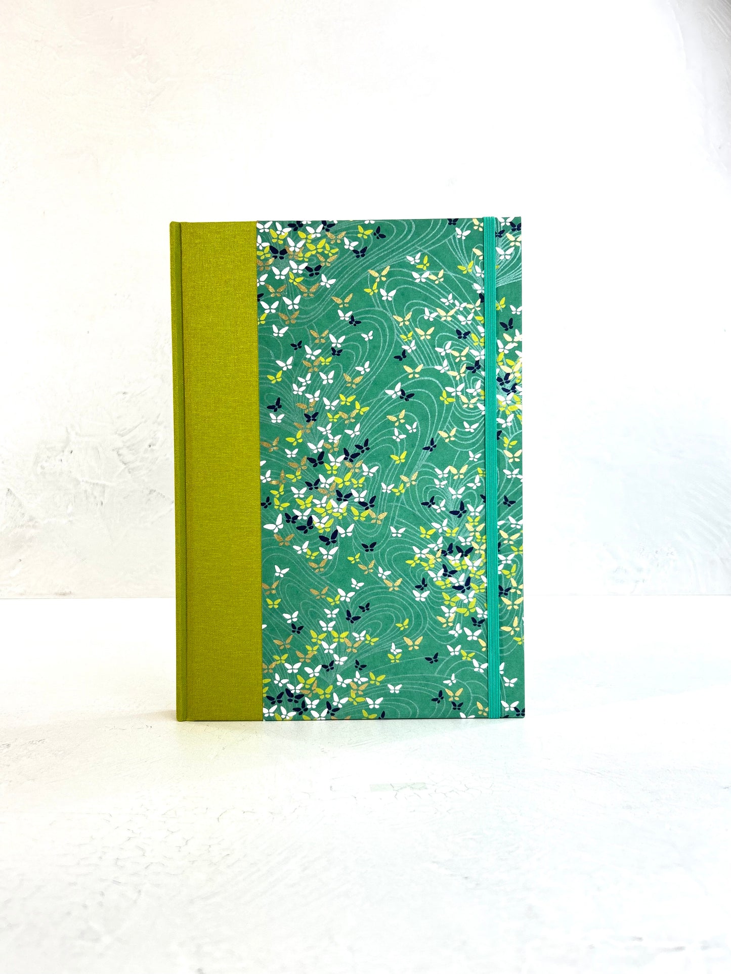 B5 192-page Hardcover Journal finished in Lemongrass Verona book cloth and Butterfly Chiyogami Paper
