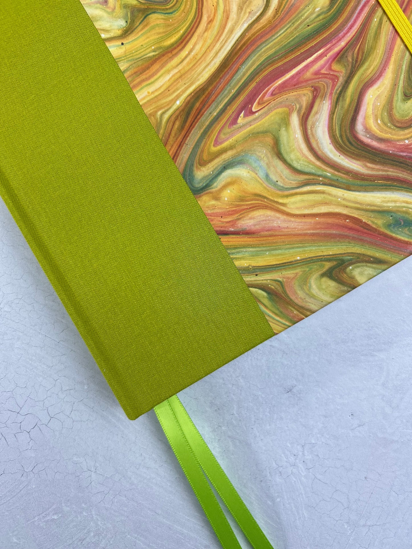 B5 192-page Hardcover Journal finished in Lemon Grass Verona book cloth and yellow/green French Marble Paper