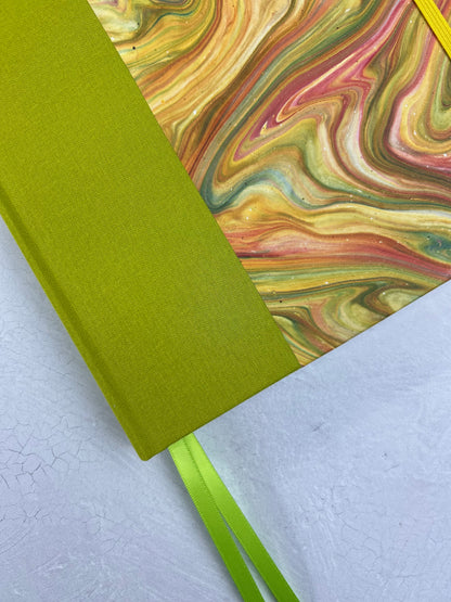B5 192-page Hardcover Journal finished in Lemon Grass Verona book cloth and yellow/green French Marble Paper