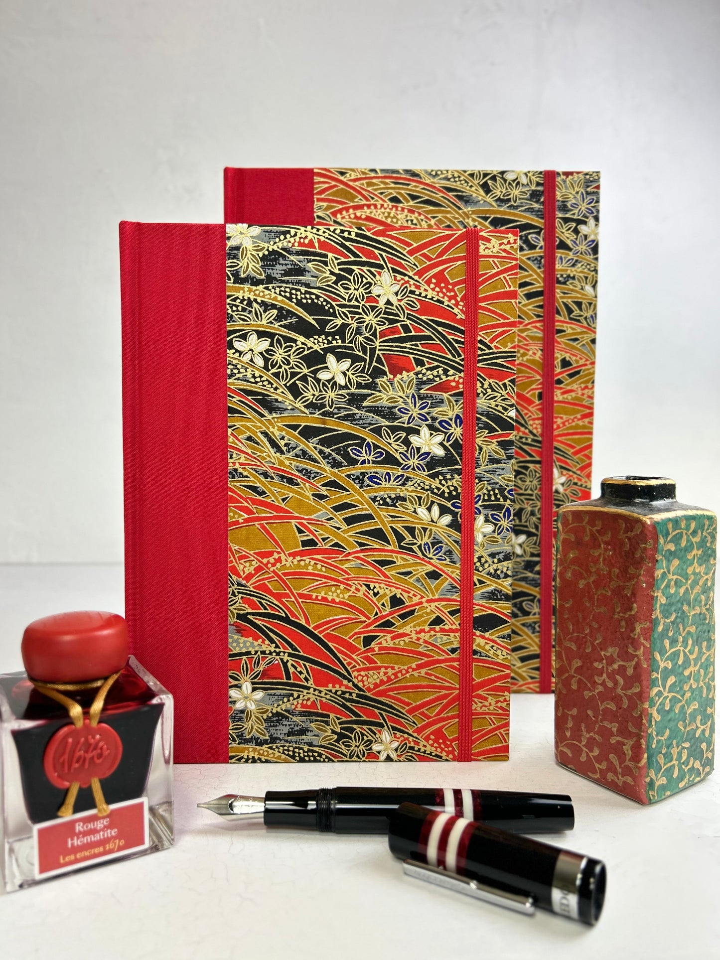 A5 160-page Hardcover Journal finished in Red Italian Verona book cloth and Vintage Floral Chiyogami Paper