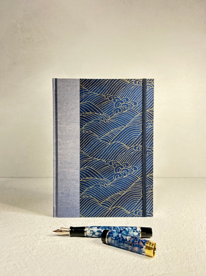 (PRE-ORDER October Delivery) A5 Hardcover Notebook finished in Golden Waves on Blue Chiyogami Paper