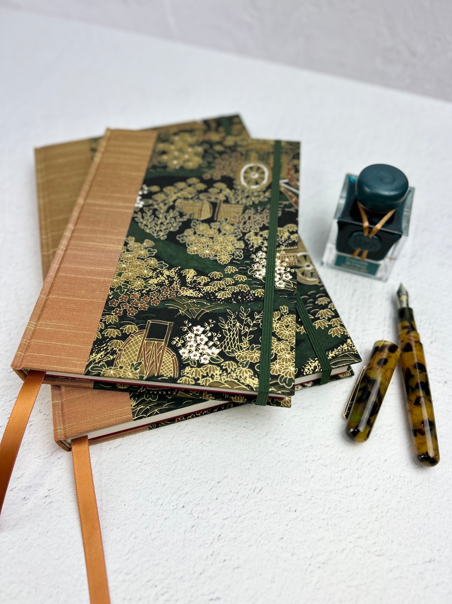 NEW A5 Hardcover Notebook finished in Bronze Japanese book cloth and Classic Green Gold Chiyogami Paper