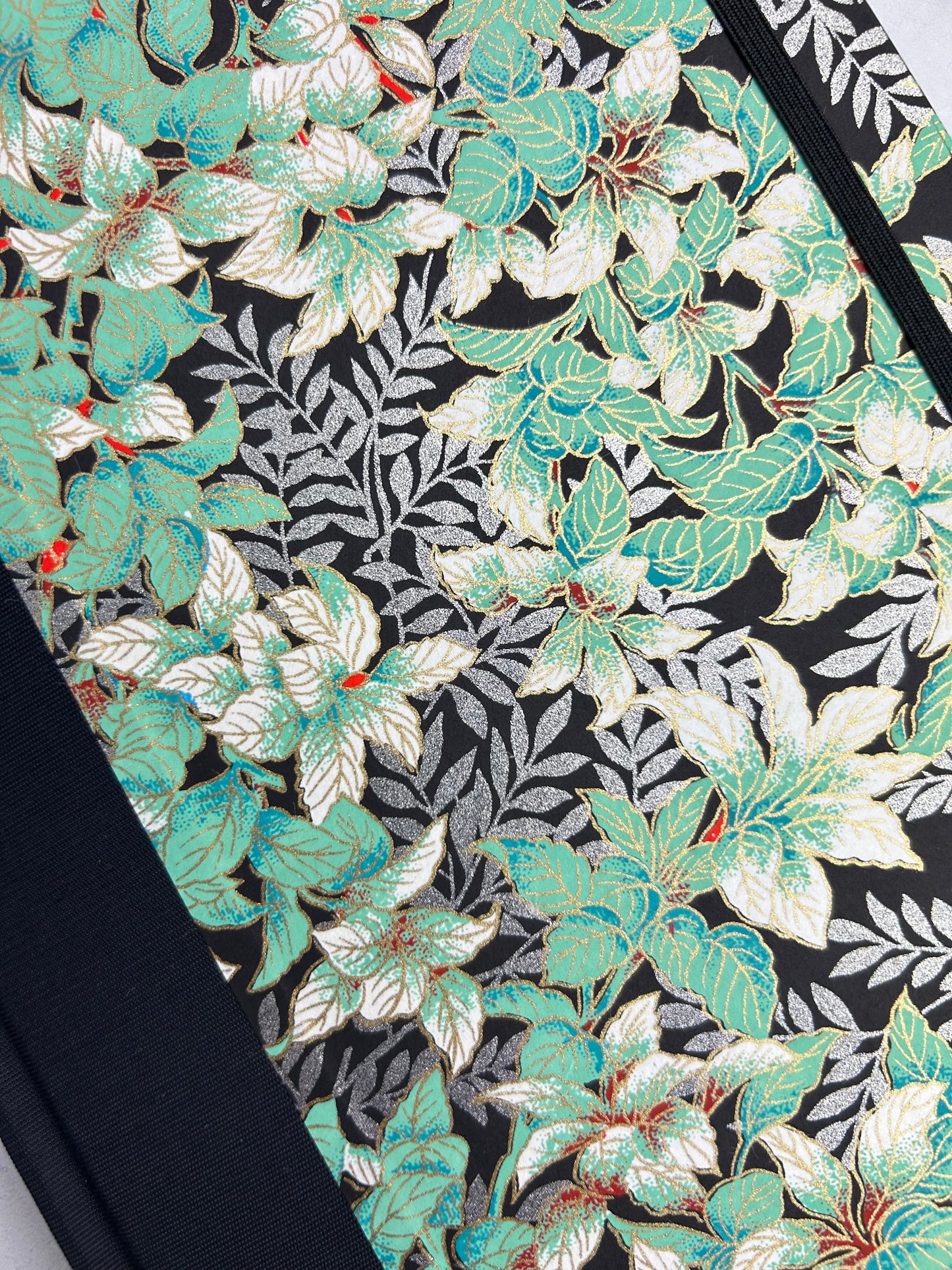 B5 192-page Hardcover Journal finished in black Japanese book cloth with green and silver botanical Chiyogami Paper