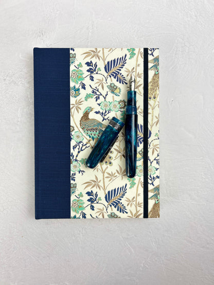 A5 Hardcover Notebook finished in Cadette Blue Japanese book cloth and Gold Peacock Italian Print