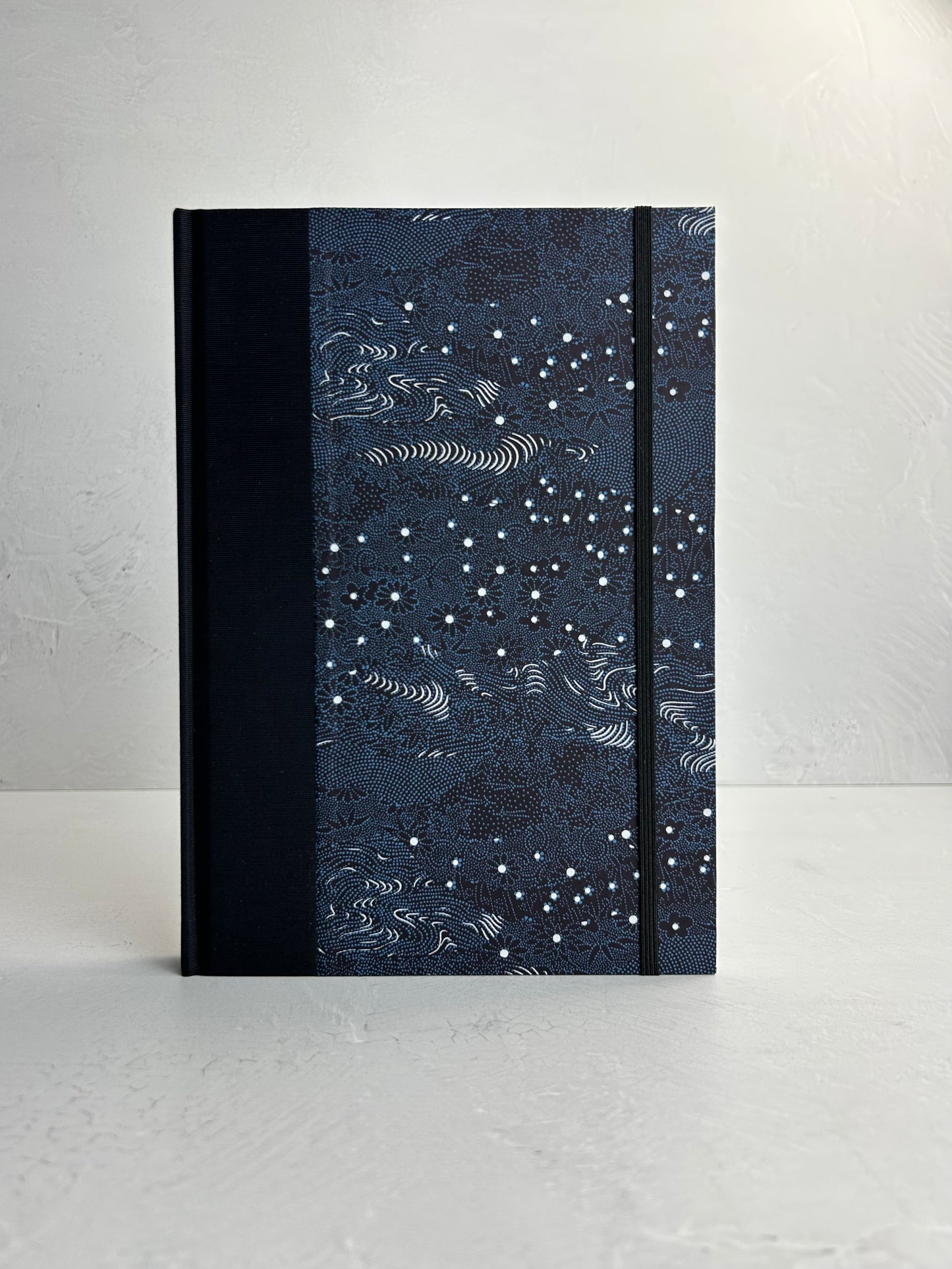 B5 192-page Hardcover Journal finished in Black Japanese book cloth and dark blue Chiyogami Paper