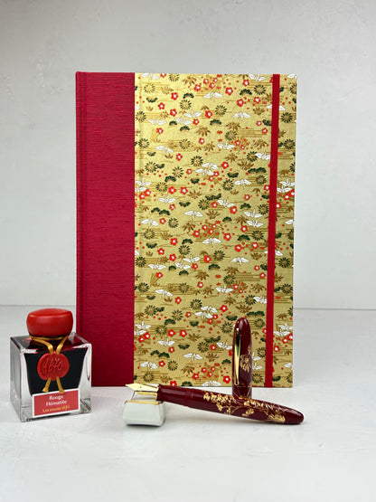 B5 160-page Hardcover Journal finished in Cardinal Red Japanese book cloth and White Cranes on Gold Chiyogami Paper