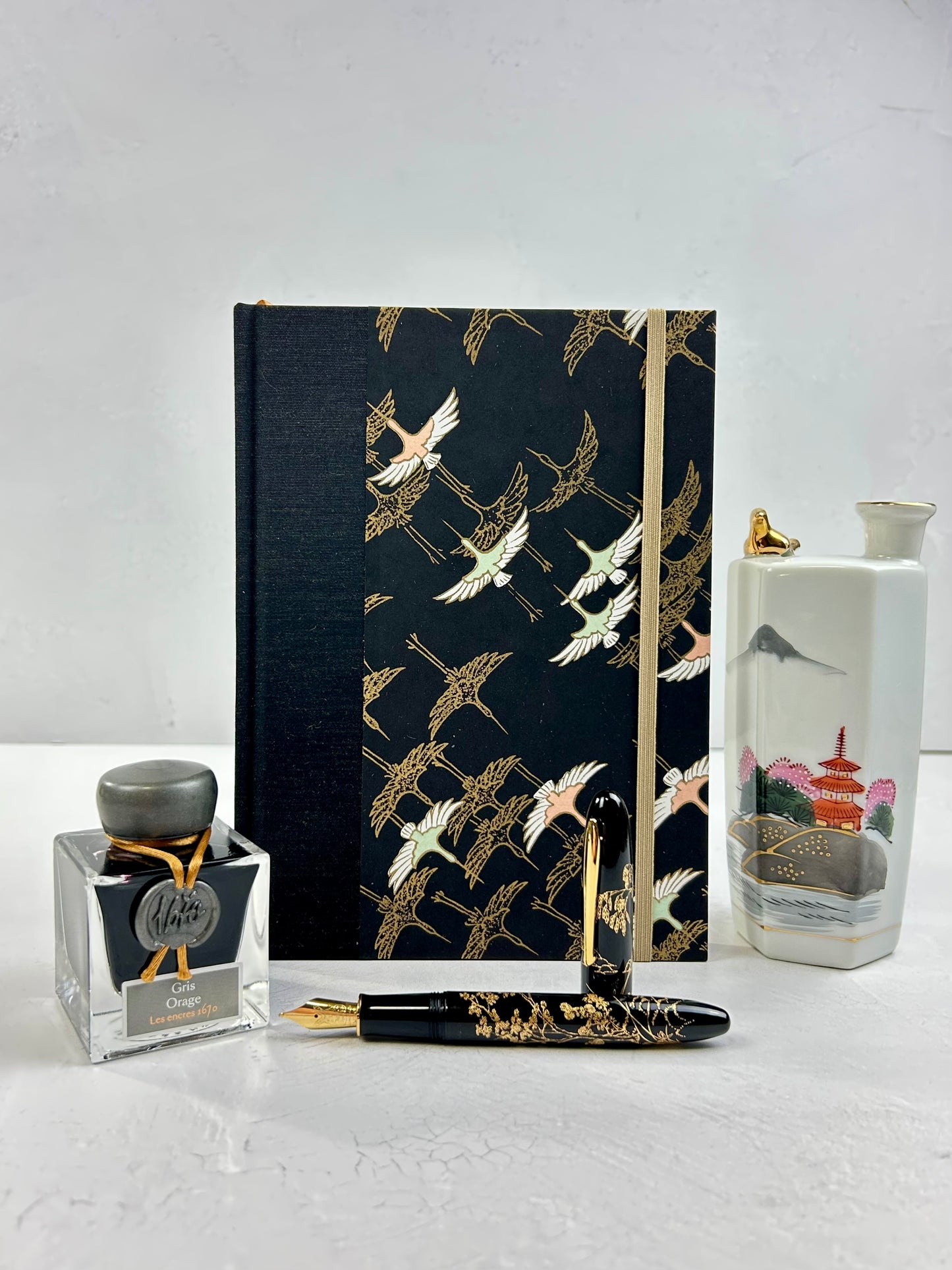 A5 160-page Hardcover Journal finished in Mohair Black Japanese book cloth and Gold Cranes Vintage Chiyogami