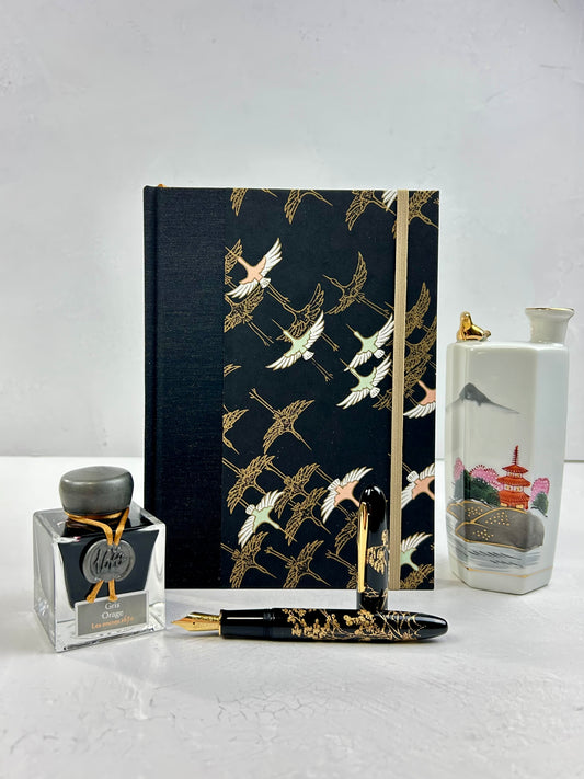 A5 160-page Hardcover Journal finished in Mohair Black Japanese book cloth and Gold Cranes Vintage Chiyogami
