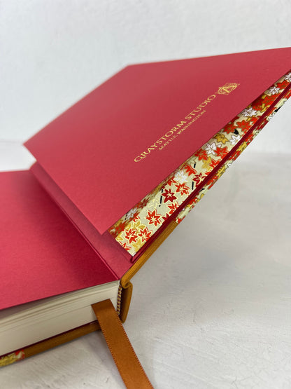 NEW A5 Hardcover Notebook finished in Ochre Japanese book cloth and Fall leaves Chiyogami Paper
