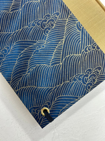 A5 160-page Hardcover Journal finished in soft gold Japanese book cloth and golden waves on blue Chiyogami Paper