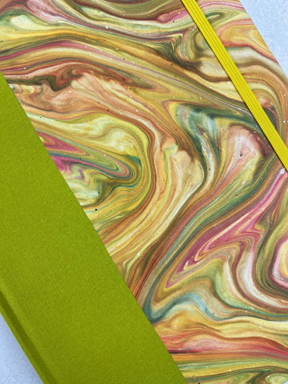 B5 192-page Hardcover Journal finished in Lemon Grass Verona book cloth and yellow/green French Marble Paper