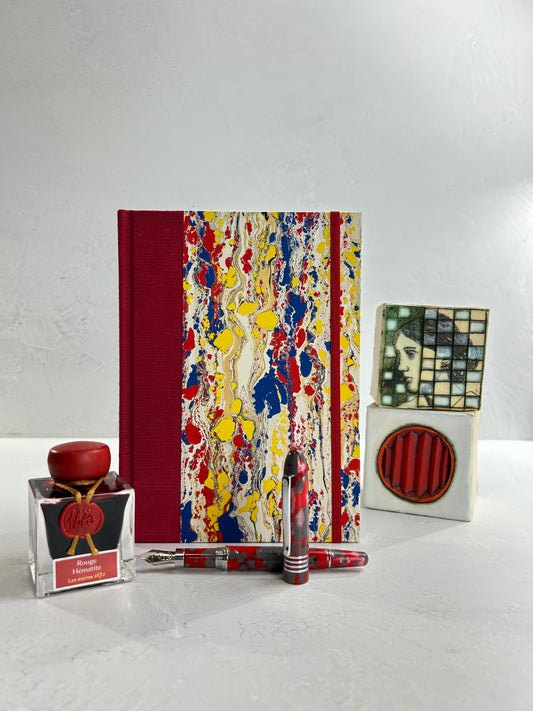 NEW A5 160-page Hardcover Journal finished in Cardinal Red Japanese book cloth and Italian hand-marbled paper by Renato Crepaldi