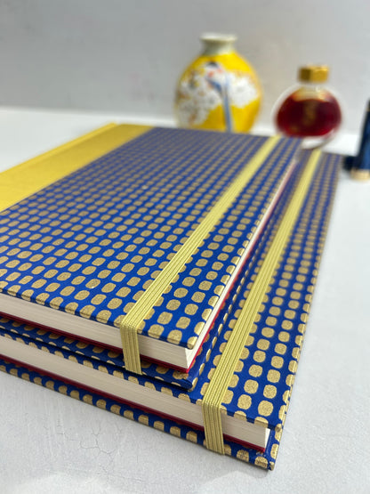 A5 160-page Hardcover Journal finished in Yellow Gold Japanese book cloth and blue and gold Chiyogami Paper