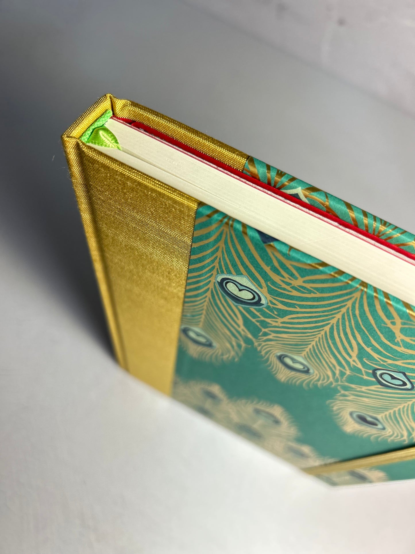 A5 Hardcover Notebook finished in Yellow Gold Japanese Book cloth and Matthew Williamson Peacock print