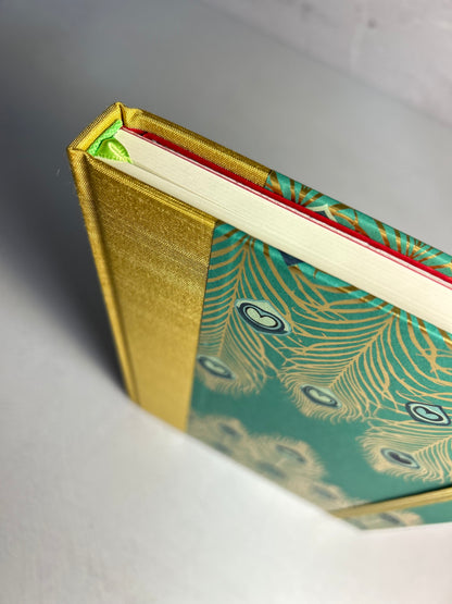 A5 Hardcover Notebook finished in Yellow Gold Japanese Book cloth and Matthew Williamson Peacock print