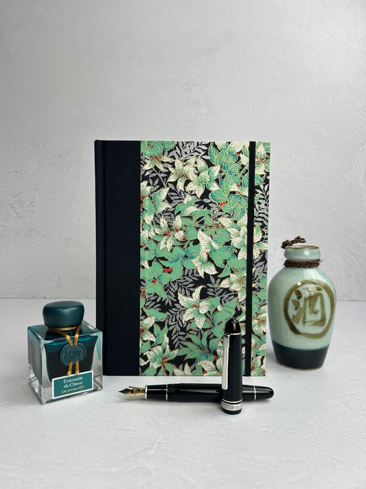 A5 160-page Hardcover Journal finished in black Japanese book cloth with green and silver botanical Chiyogami Paper