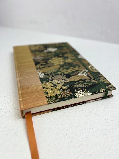NEW A5 Hardcover Notebook finished in Bronze Japanese book cloth and Classic Green Gold Chiyogami Paper