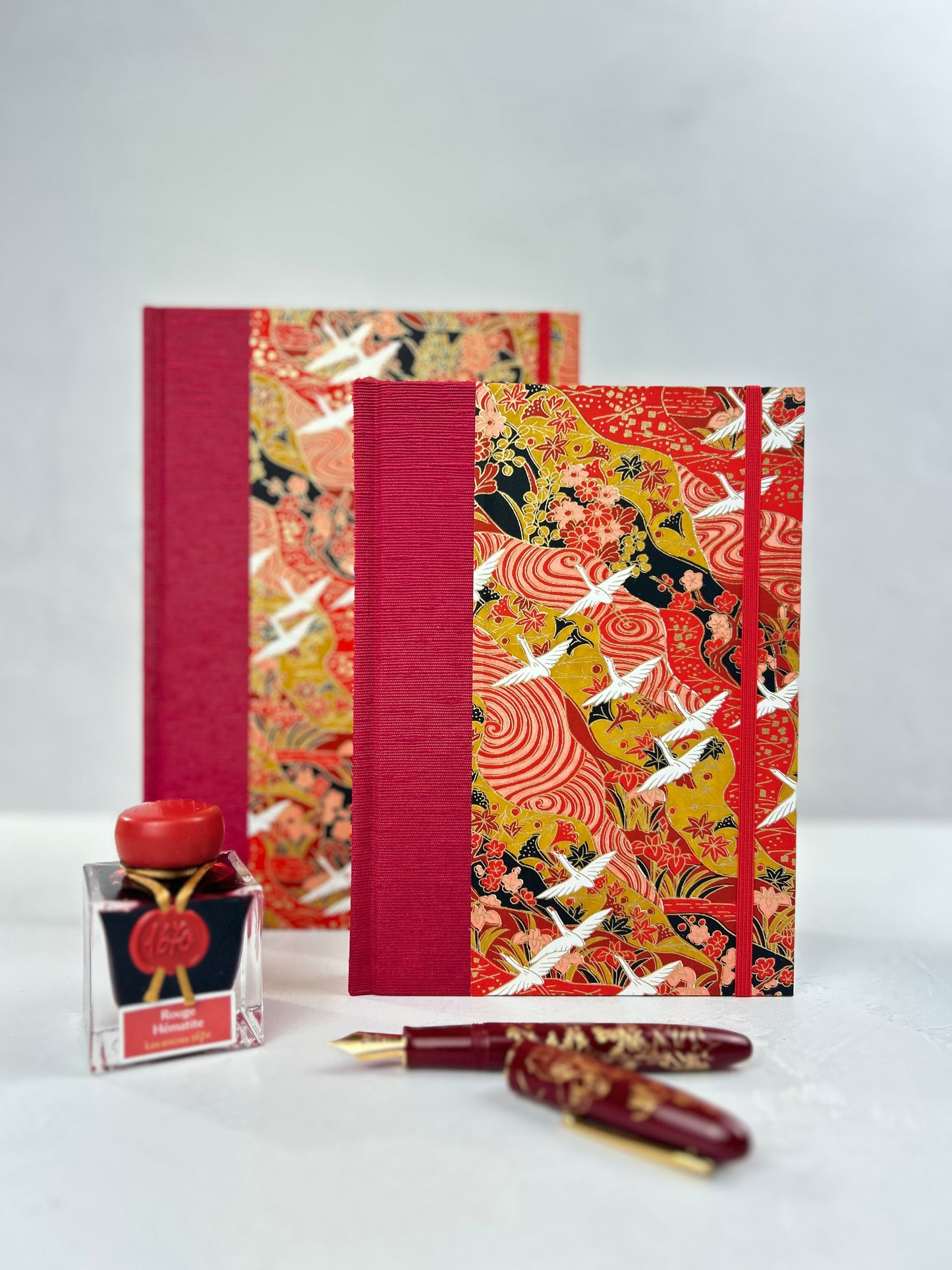 NEW B5 Hardcover Notebook finished in Cardinal Red Japanese book cloth and White Cranes on Red Chiyogami Paper